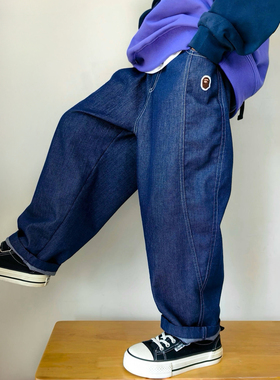 弹力不掉色牛仔裤 男女童松垮哈伦柔软长裤春款深蓝色休闲运动裤