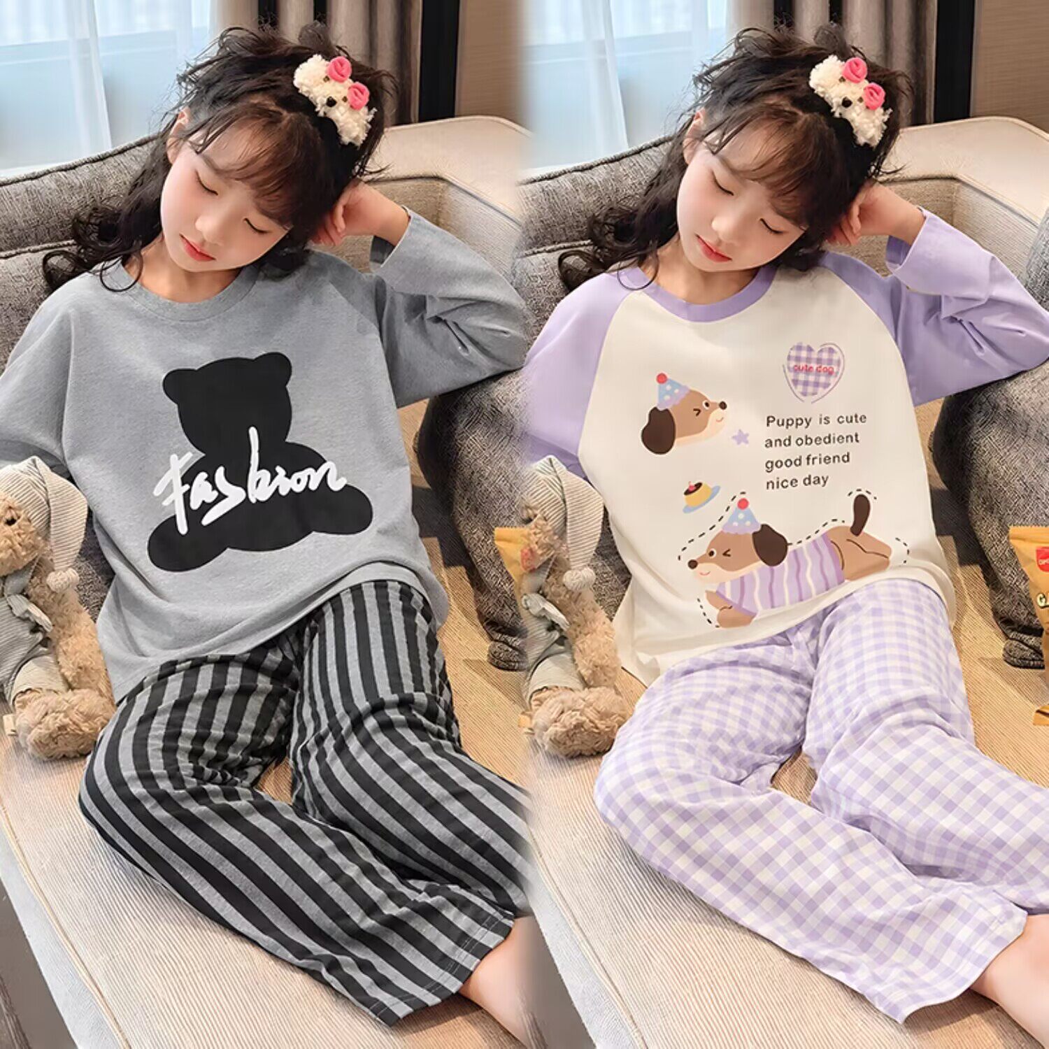 春秋季新款条纹腊肠狗长袖儿童睡衣女孩中大童女生纯棉家居服套装