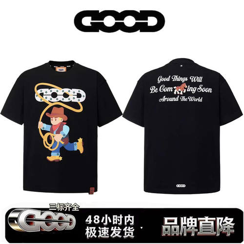 潮牌GOOD时尚可爱发泡牛仔宝石烫钻情侣男女同款短袖T恤纯棉上衣