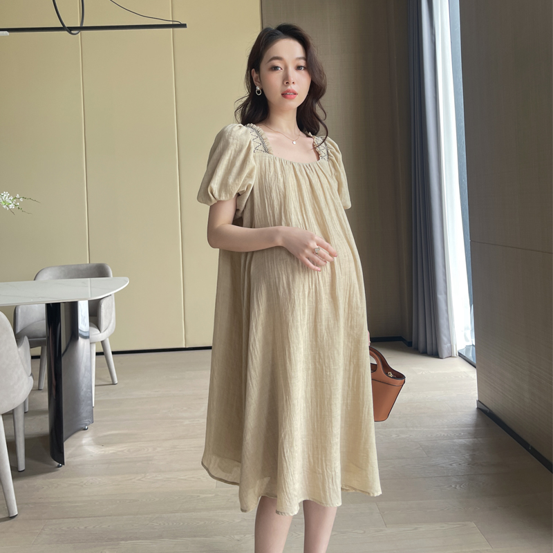 孕妇夏装棉麻连衣裙时尚宽松夏款2023新款夏季孕妇装气质方领裙子