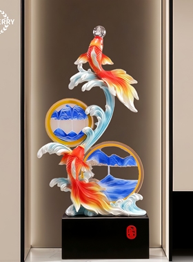 双锦鲤山水摆件客厅玄关装饰年年有余开业乔迁礼品家居软装好物