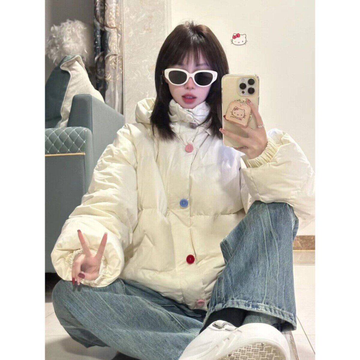 投诉举报加入拿货单手机看款韩版纯色设计感彩色扣棉服外套