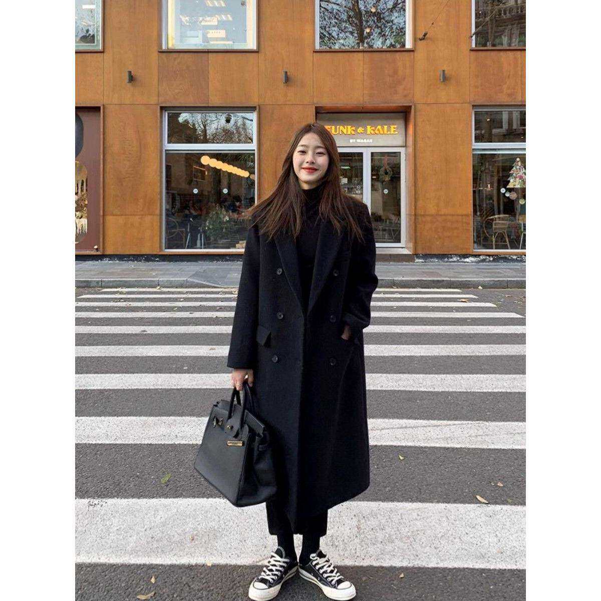 黑色毛呢外套女小个子韩系新款秋冬高级感中长款加厚西装呢子大衣