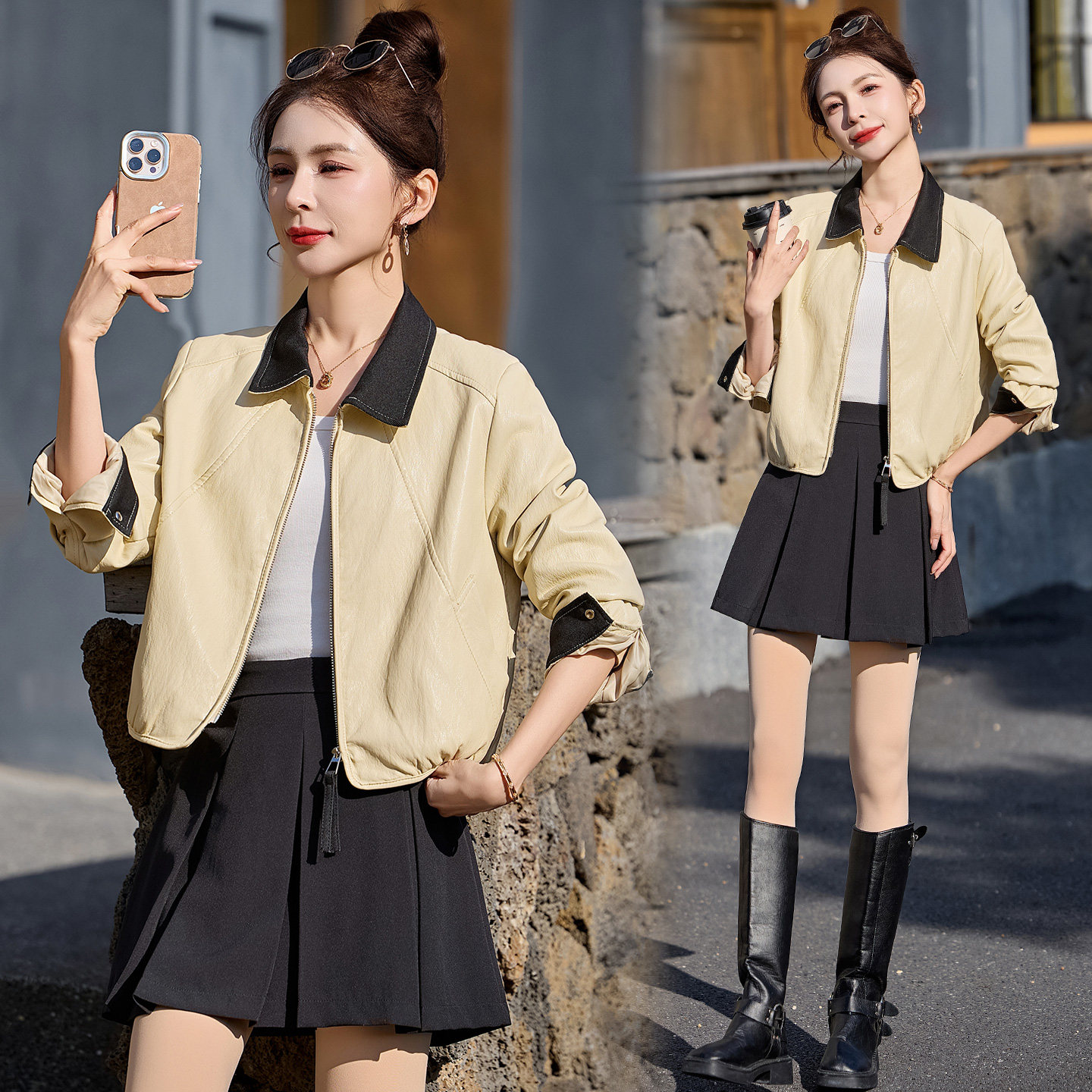 已出货春装新品 时尚拼接皮衣外套女小个子时尚修身减龄皮夹克潮