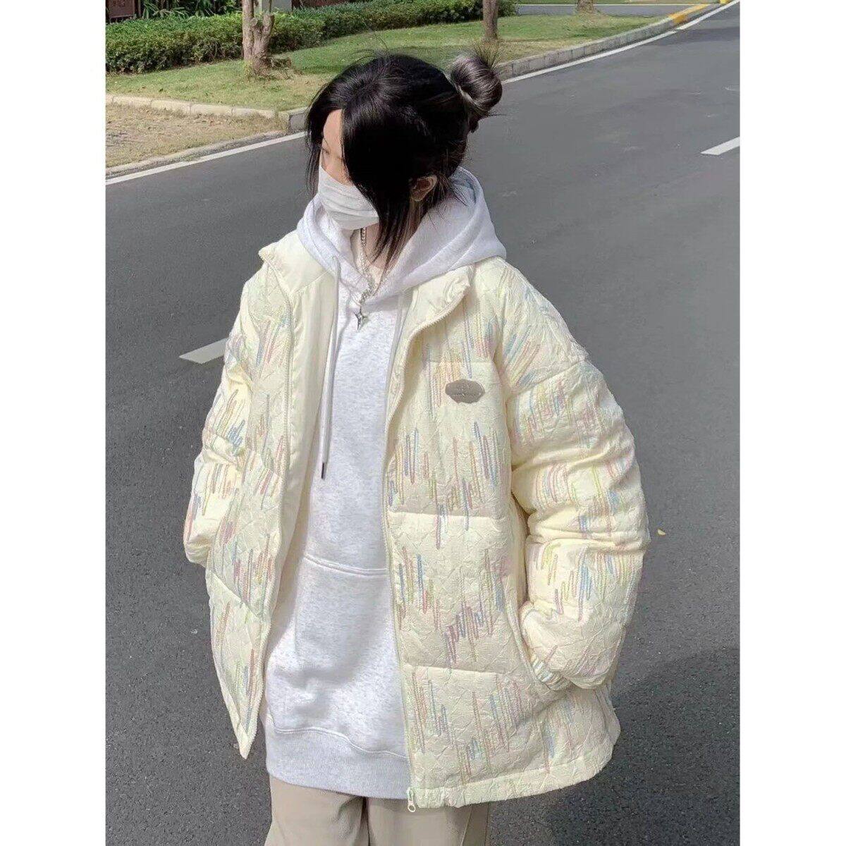 小香风压皱羽绒棉服女款慵懒风bf宽松加厚保暖棉衣国潮牌冬季外套