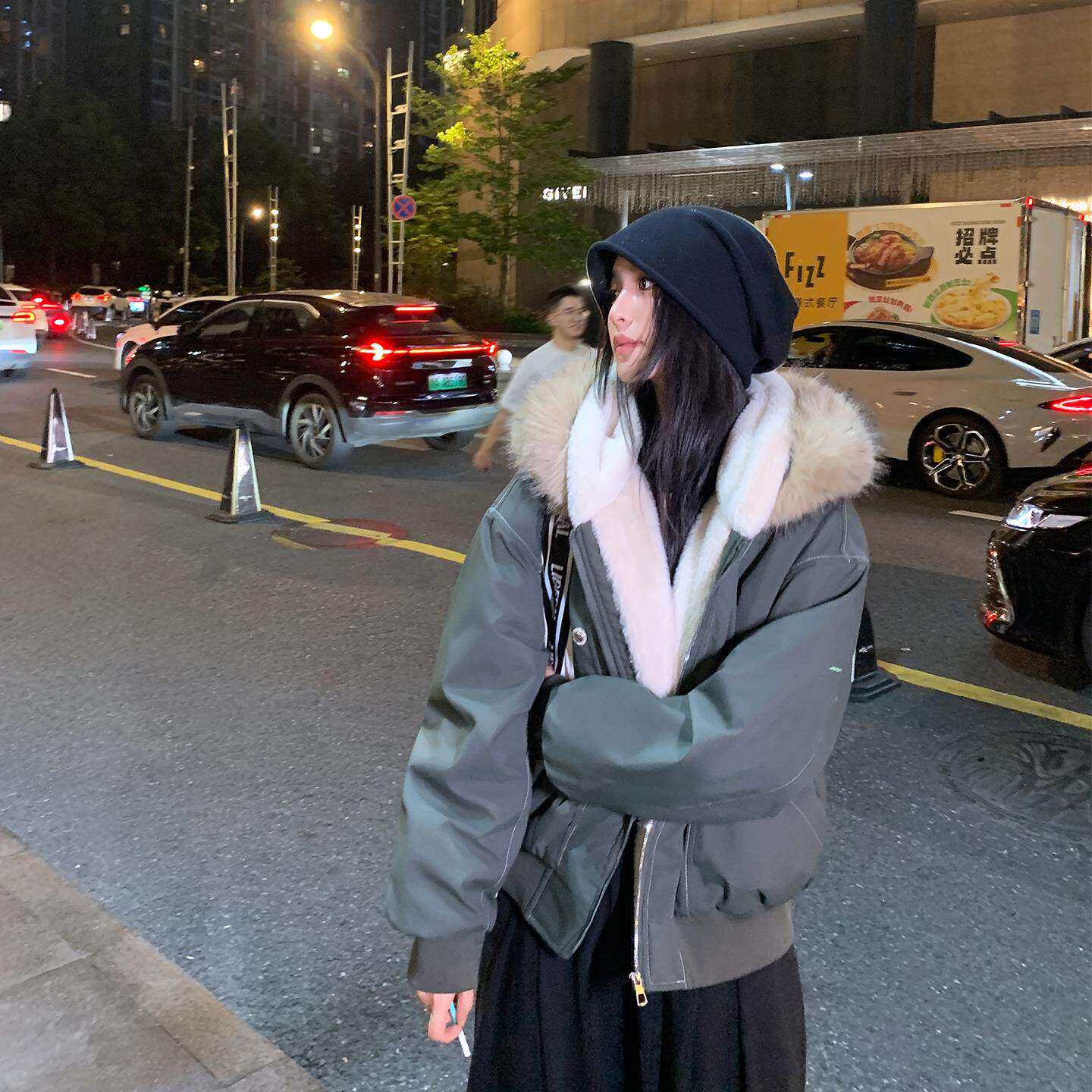 实拍冬季新款派克服短款羽绒棉服女仿兔毛大毛领连帽棉衣外套美式