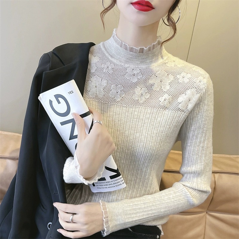 2025春秋新款甜美百搭打底衫女半高领毛衣修身蕾丝内搭针织衫上衣