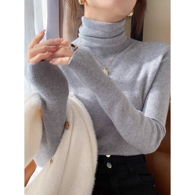 灰色高领毛衣女秋冬内搭2025新款高级感上衣堆堆领加厚针织打底衫