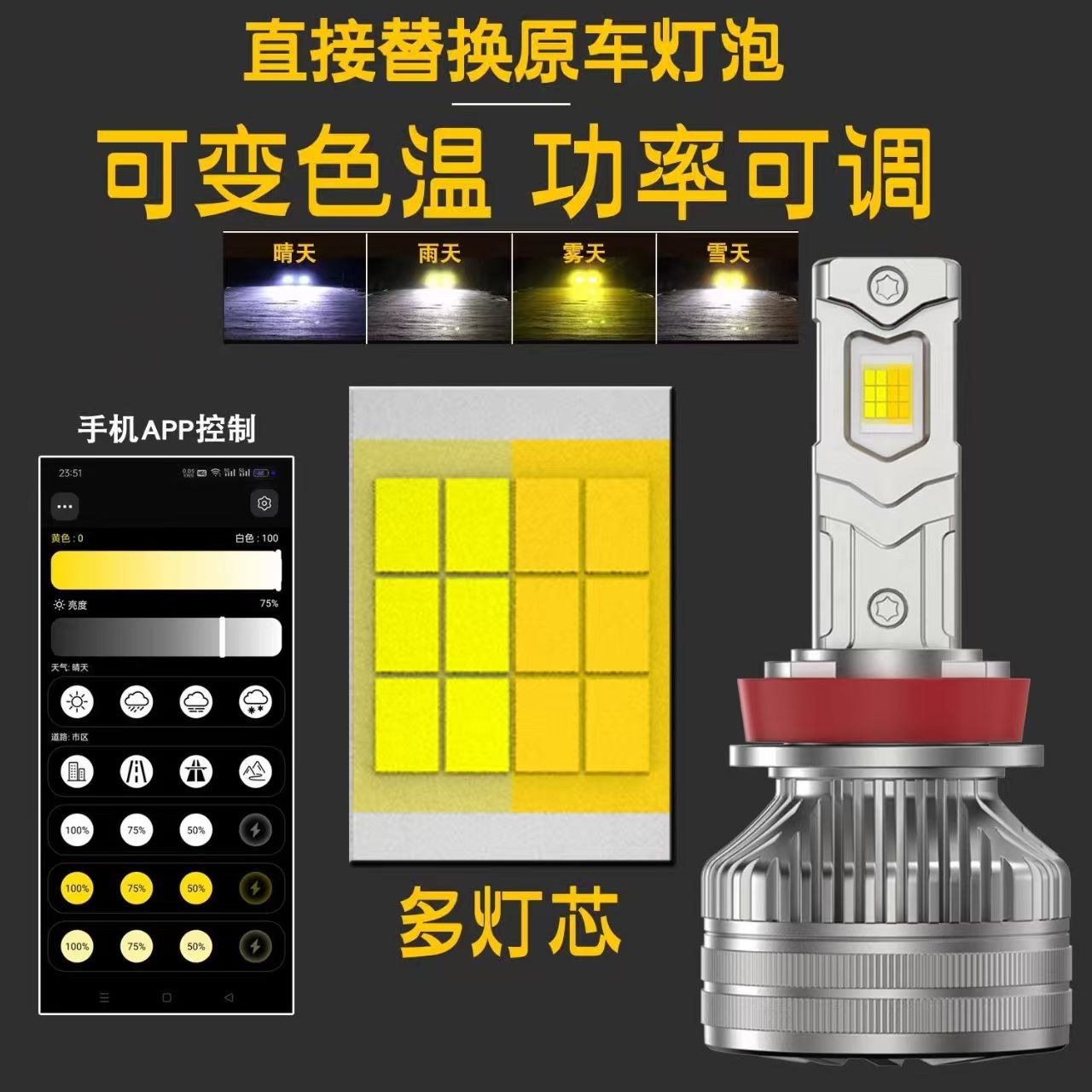 超亮三色爆闪App智能调光激光9012汽车H7大灯H8h11高亮9005雾灯