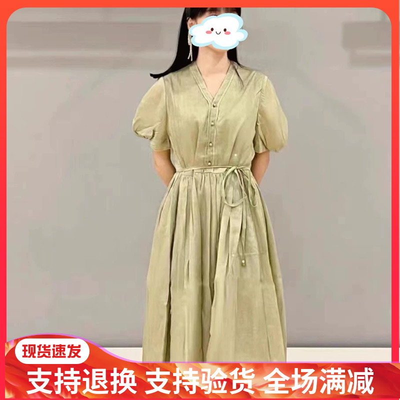 言家女装同款无标2025夏新款文艺浪漫法式显瘦丝棉泡泡袖连衣裙