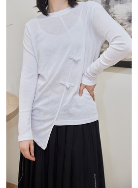 Luciferous 小众设计师新中式盘扣设计感长袖上衣女不规则薄款T恤