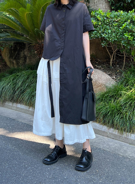 Luciferous 日系原创设计感CDG风不对称飘带中长款短袖衬衫女宽松