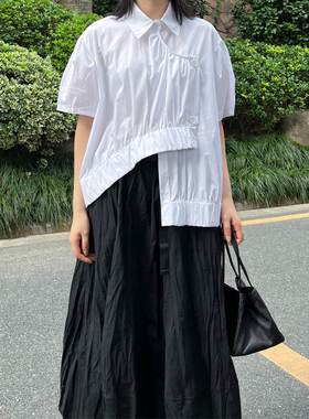 Luciferous 日本小众解构设计感衬衣山本风黑色不规则短袖衬衫女