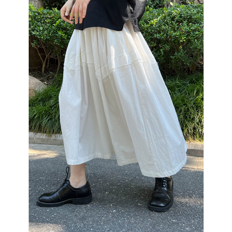 luciferous 小众设计夏季新款白色半身裙毛边拼接蓬蓬裙a字中长裙