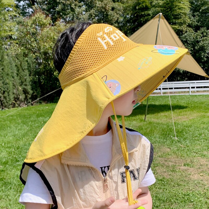 儿童帽子夏季遮阳新款卡通网眼空顶太阳帽男女童防晒帽大檐披肩帽