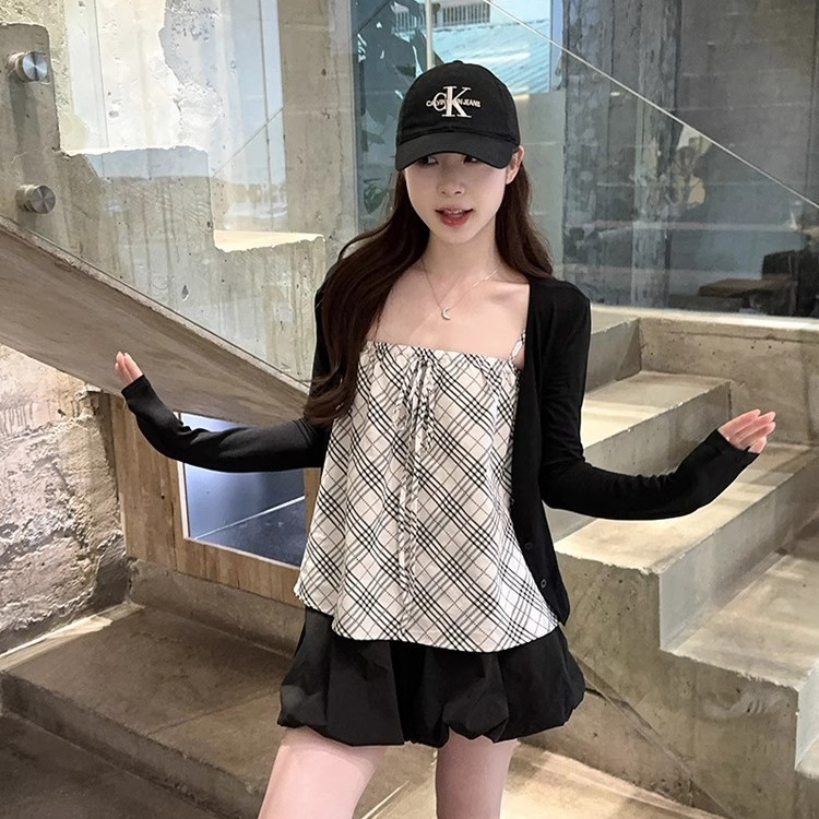韩系设计感格纹背心吊带女2025夏季新款显瘦减龄系带小众外穿