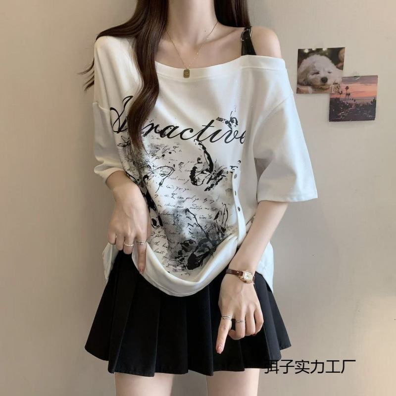 纯棉大码美式露肩正肩短袖T恤女2025夏大码胖mm宽松遮肚独特上衣