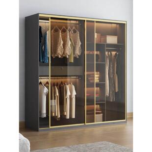 香港轻奢拉门衣柜卧室网红家用玻璃趟门衣橱小户型储物收纳移