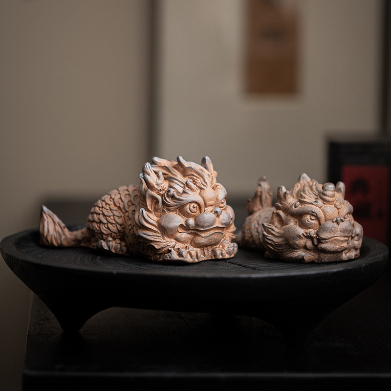 老岩泥麒麟摆件中式茶桌
