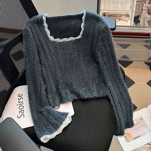 高级感温柔慵懒风方领蕾丝边短款针织衫女灰色毛衣上衣内搭打底衫