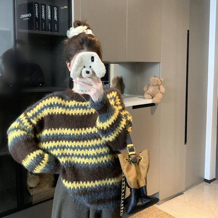 2025年新款韩版慵懒风条纹撞色毛衣女宽松圆领套头高级感百搭上衣,女装/女士精品,毛针织衫,淘宝优惠券,粉丝福利购,淘宝优惠卷
