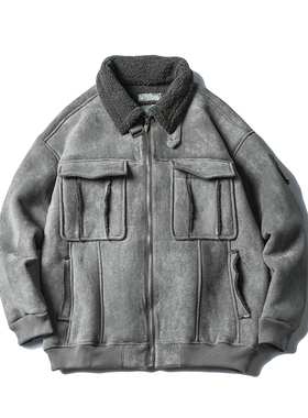 日系复古加绒外套鹿皮绒加厚棉夹克潮牌男棉服冬季情侣羊羔毛棉衣