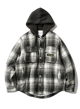 格子衬衫男文艺韩版潮流帅气青年宽松百搭寸衫外套青年连帽衬衣潮