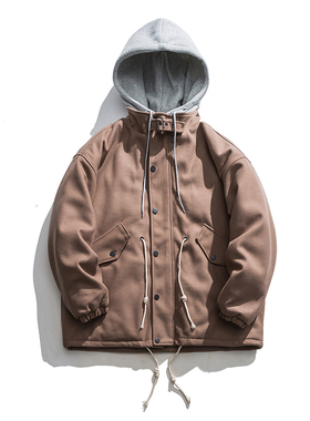 假两件纯色连帽毛呢外套男2025年新款韩版连帽加绒宽松保暖棉服潮