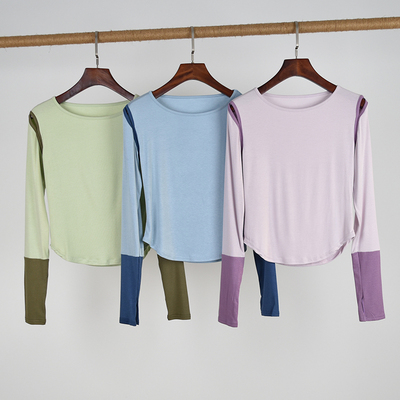 舞蹈服女撞色修身针织长袖套指上衣现代舞蹈练功服中国舞服装日常