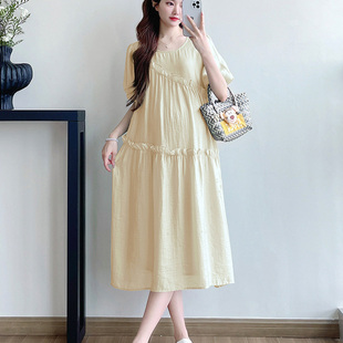 孕妇装夏季连衣裙2026新款孕期气质圆领泡泡袖裙子孕妈高级中长款