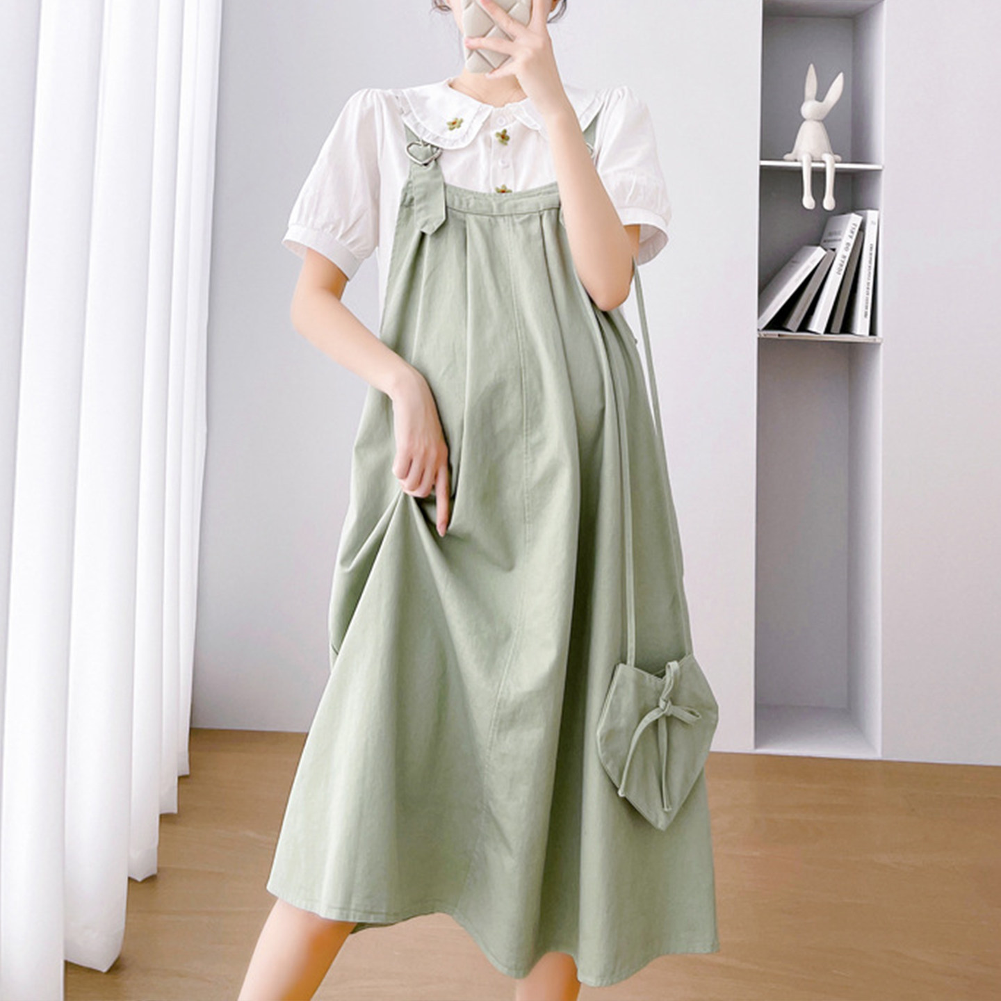 孕妇装背带裙衬衫套装娃娃领甜美可爱减龄俏皮小个子显瘦两件套