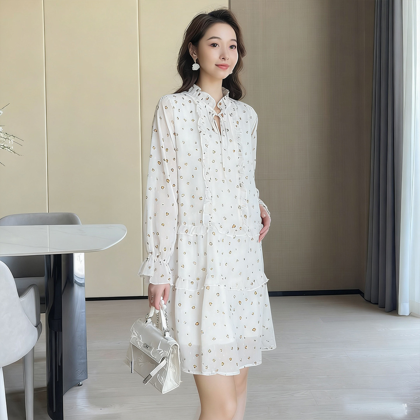 孕妇装连衣裙可哺乳雪纺碎花春夏新款时尚减龄木耳边系带仙女裙