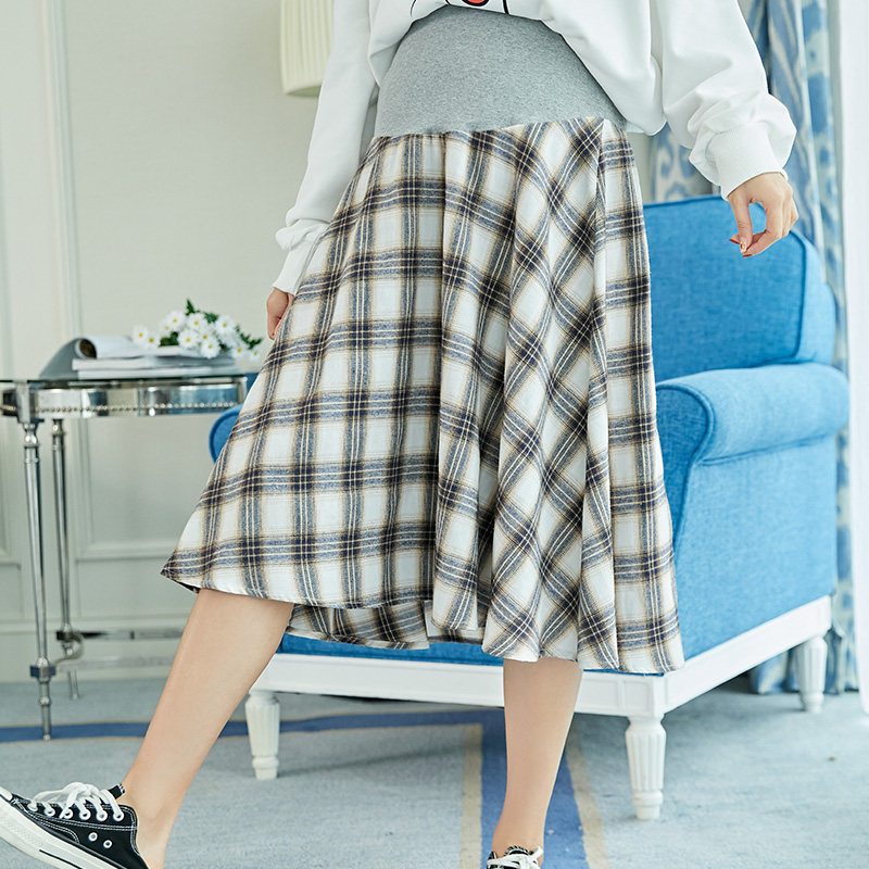 孕妇装春秋半身裙时尚气质遮肚子小个子宽松遮肉格子大码休闲