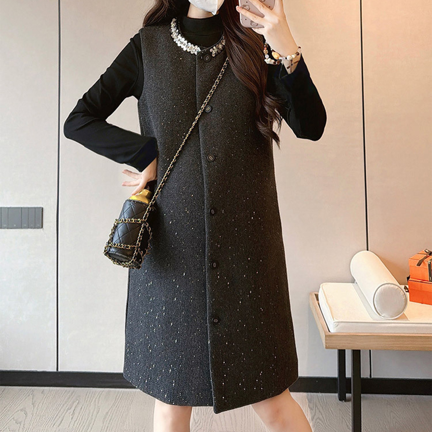 孕妇背心裙套装秋冬新款小香风亮片背心裙+圆领内搭甜美两件套