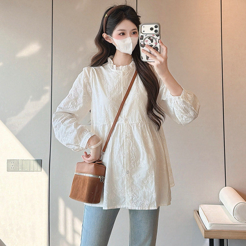 孕妇装长袖上衣法式提花春夏新款木耳边领宽松显瘦遮肚棉质上衣