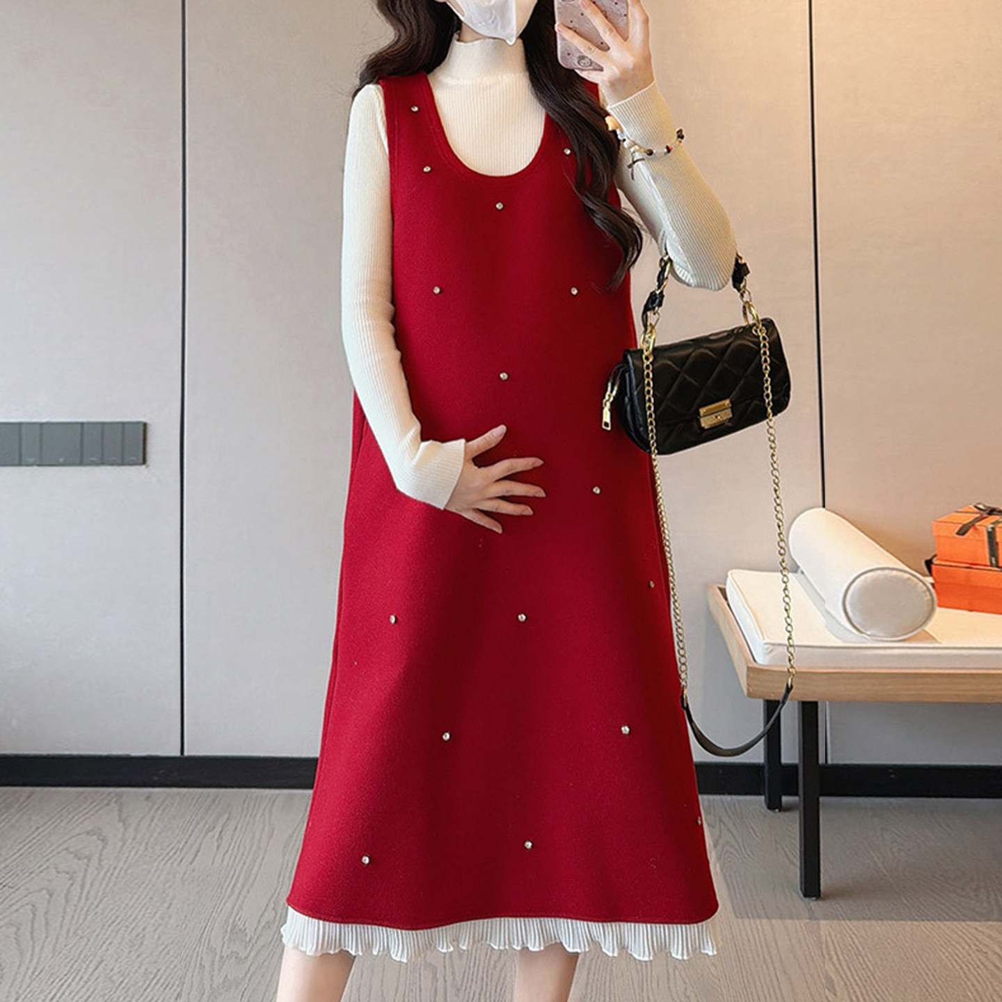 孕妇装毛呢背心裙套装秋冬新款时尚加绒中长款+毛衣打底衫套装