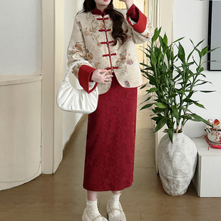旗袍连衣裙甜美复古两件套 国风提花外套 孕妇秋冬新款 新中式