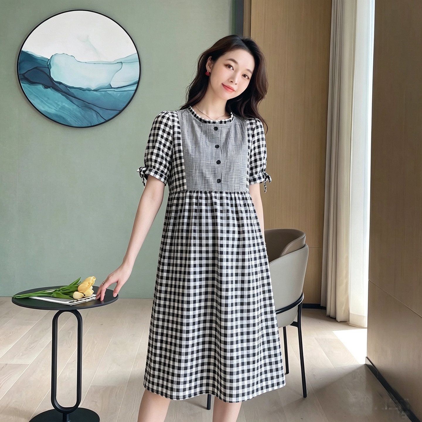 孕妇大小格子隐形拉链哺乳裙时尚