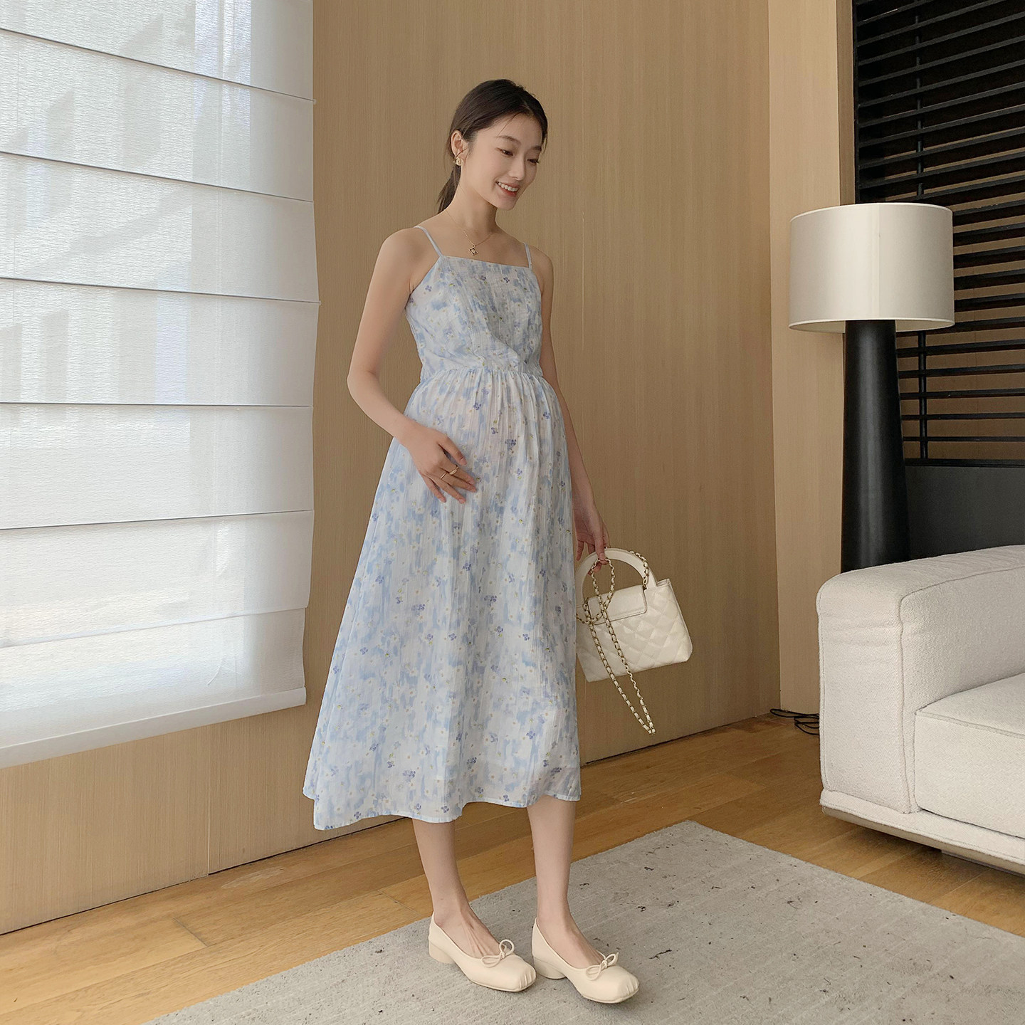孕妇装吊带连衣裙碎花雪纺气质优雅春夏新款显瘦遮肚孕妇裙子