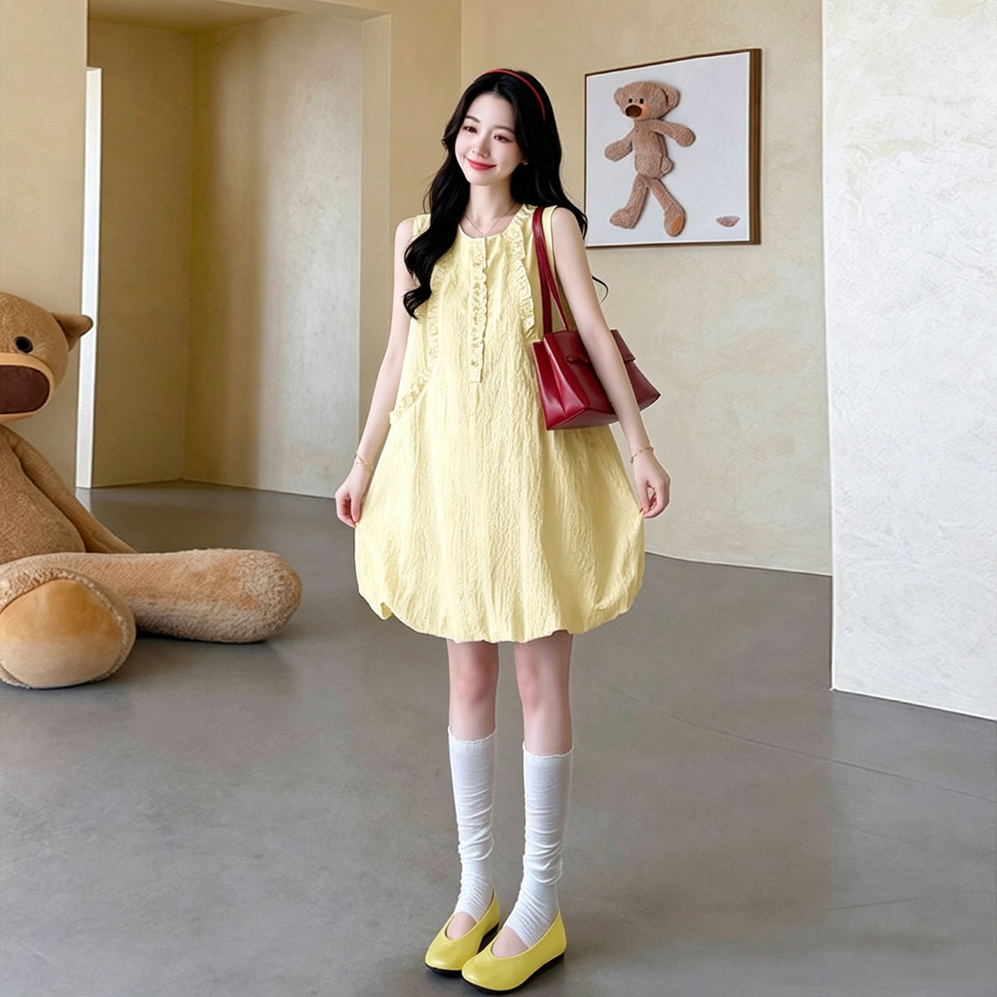 孕妇装连衣裙甜美木耳边夏季新款法式花苞裙温柔优雅气质小个子