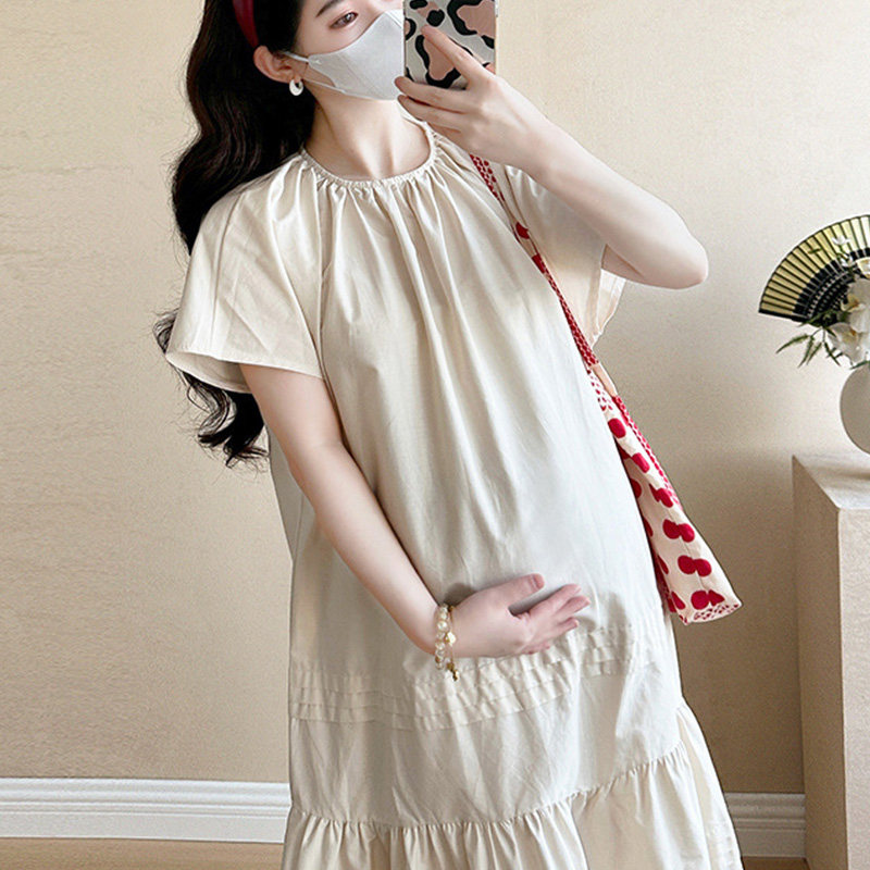 孕妇连衣裙2025新款夏季法式时尚宽松不显怀纯色孕期薄款长裙子女