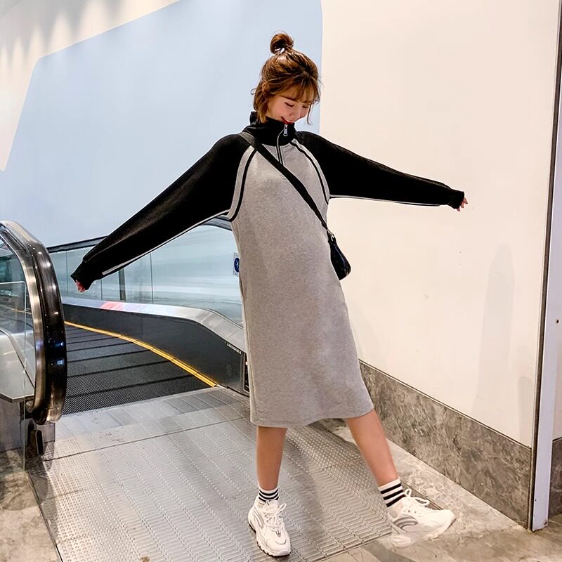 孕妇装春秋长袖时尚娃娃领卫衣裙宽松怀孕期中长款衬衫裙孕妇裙