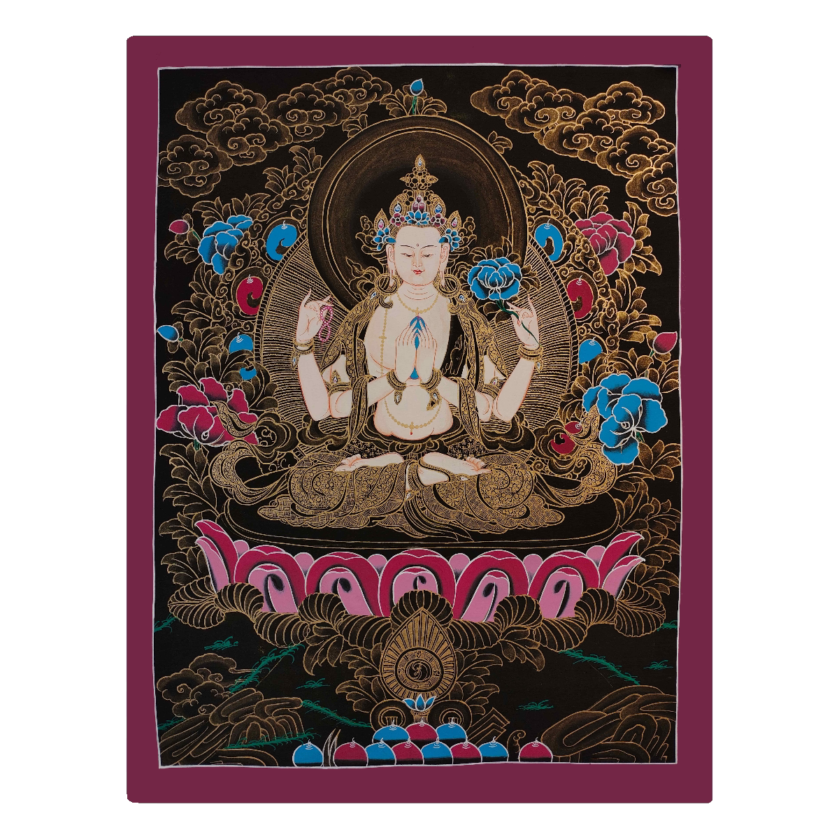 纯手工绘制四臂观音唐卡彩唐金唐红唐尼泊尔走廊玄关客厅书房挂画