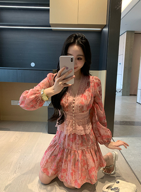 XINYI【花漾爱神】春季暗纹印花上衣+短半裙显瘦两件套X625A03009