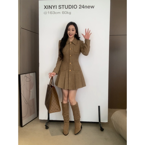 XINYI【奏响冬日】秋冬polo领小香毛呢连衣裙收腰显瘦气质50%羊毛