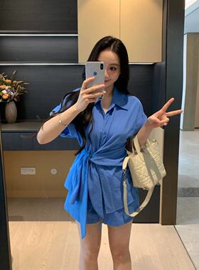 XINYI【无界通勤】夏季蓝色POLO领衬衫+短裤显瘦套装女X625A12168