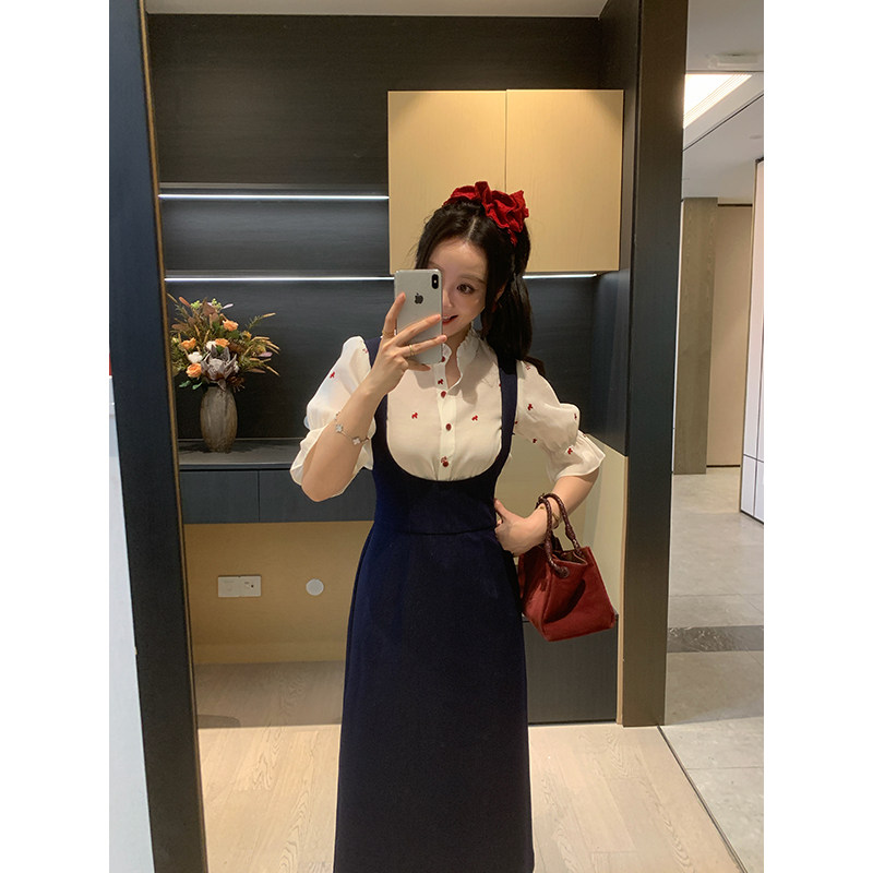 XINYI【马德里假日】春夏小马刺绣衬衫+牛仔背带裙收腰显瘦套装女