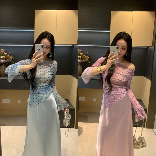 XINYI【海风徐徐】春夏扎染印花上衣+缎面长半裙显瘦气质套装女
