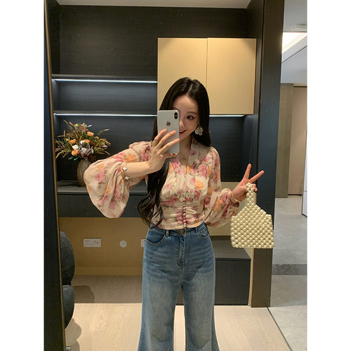 XINYI【莫奈花信】春季雪纺蔷薇印花小衫+高腰半身裙显瘦套装女