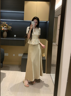 XINYI【鎏金旧梦】夏季梅花金刺绣小衫+缎面半身裙显瘦贵气套装女